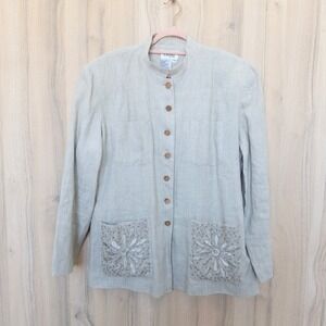 JSong Linen Jacket 16 Beige Beaded Mandarin Collar Floral Embroidered Lagenlook‎